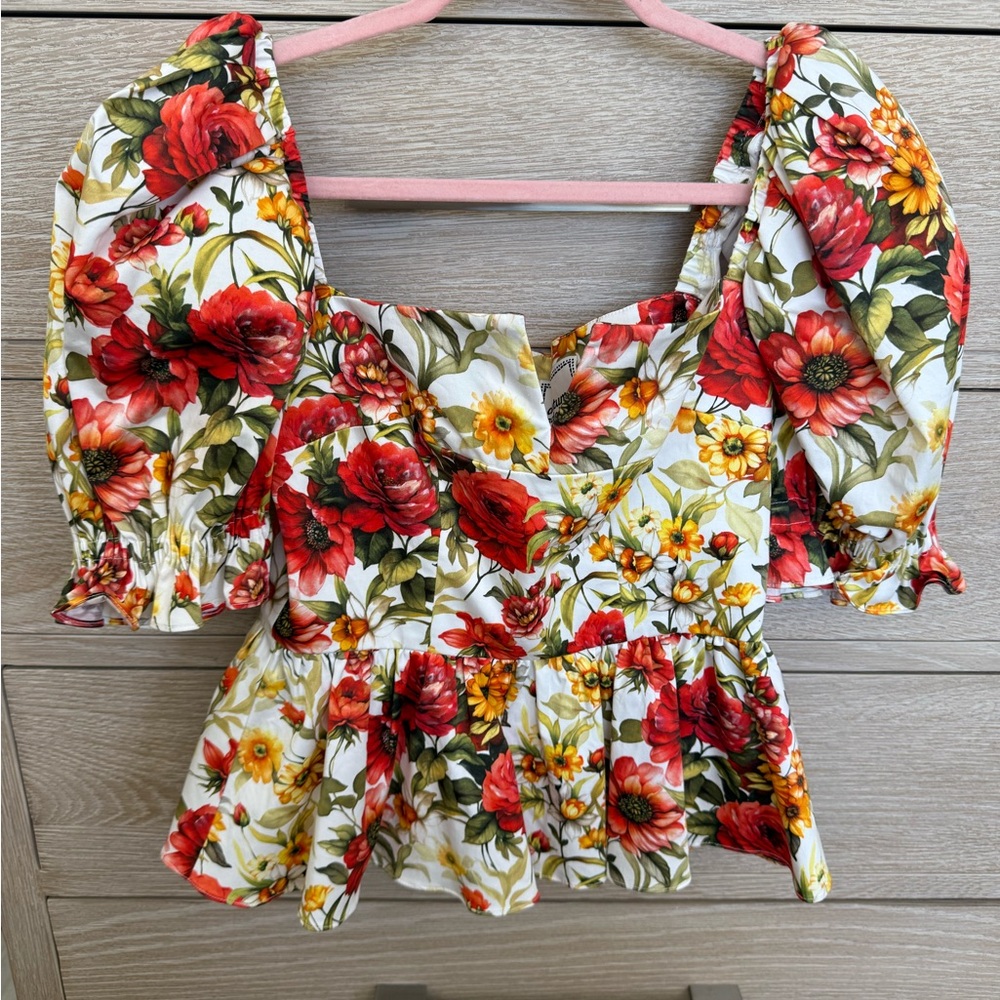 NWT Autumn Adeigbo Multicolor Floral Puff Sleeve Blouse-2